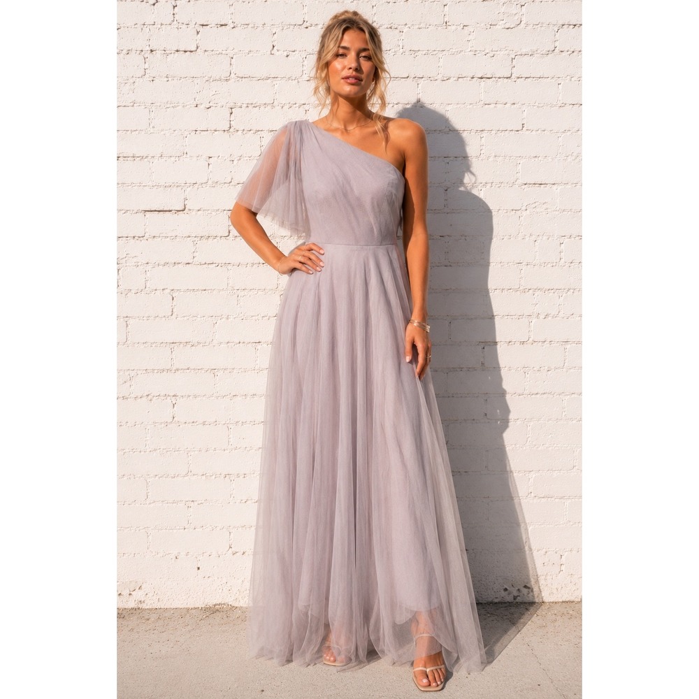 Jenny Yoo Collection Mallory One-Shoulder Maxi Gown Gray Moonstone Sz 10 NWT